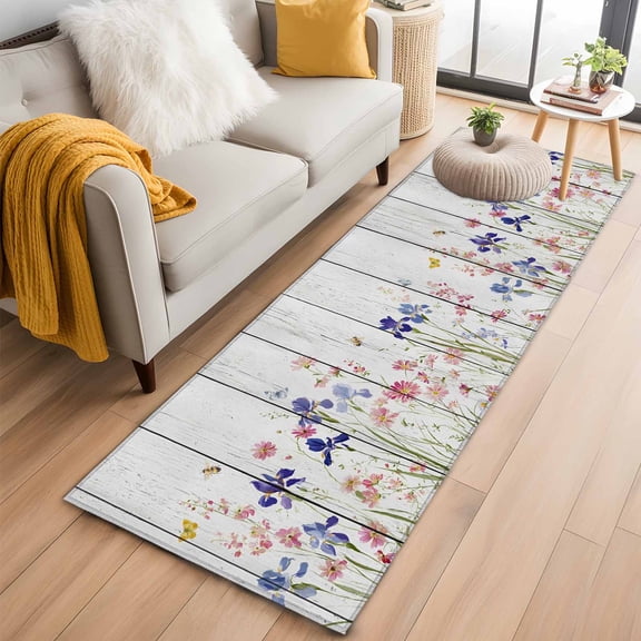 Runner Rug 2 x 6 Ft, Spring Floral Washable Non-Slip Floor Mat for Kitchen Hallway/Entryway, Summer Botanical Flowers Vintage Long Kitchen Runner Area Rugs for Living Room, Low-Profile