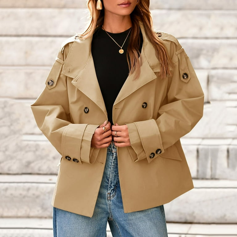 ジャケット・アウター 2way short trench coat jtjvou Womens Short Trench Coat Oversized Double Breasted Stand