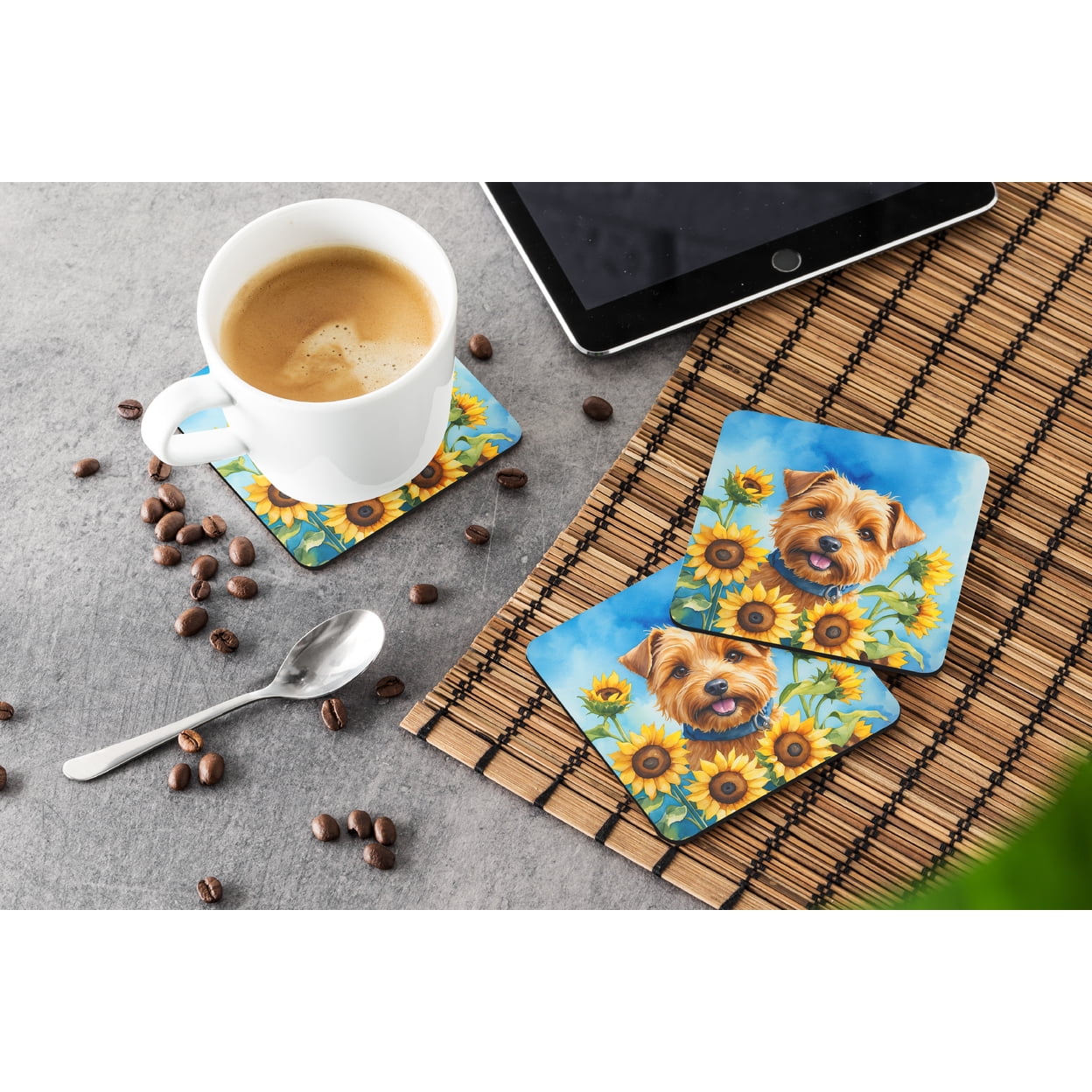 Norfolk Terrier in Sunflowers Foam Coasters 3.5 in x 3.5 in