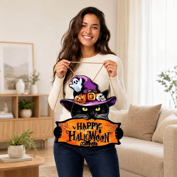 HHJZPR Happy Halloween Black Cat Witch Hat Wooden Hanging Sign, 11.81 Inch Spooky Ghost Pumpkin Skull Spider Front Door Wall Hanger, Vintage Gothic Fall Porch Entry Decor