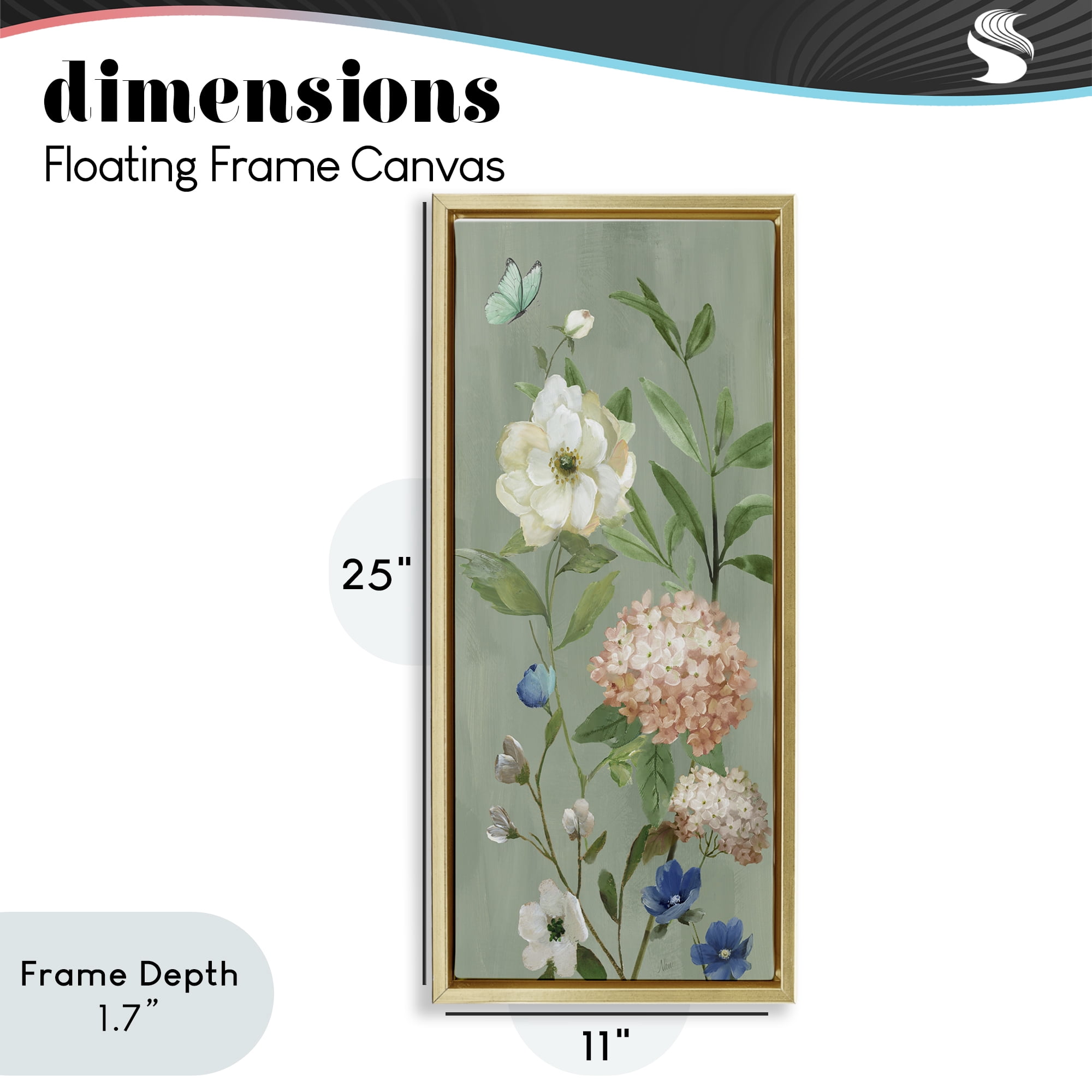 Stupell Industries Mint Floral Cluster & Butterfly Gold Framed Floater Canvas Wall Art, design by Nan
