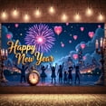 thumbnail image 3 of Fireworks Design Happy New Year Banner Heart-shaped Lanterns New Year Display Golden Text Night Scene New Year Backdrop for New Year Party New Year's Eve Holiday Celebration, 3 of 9