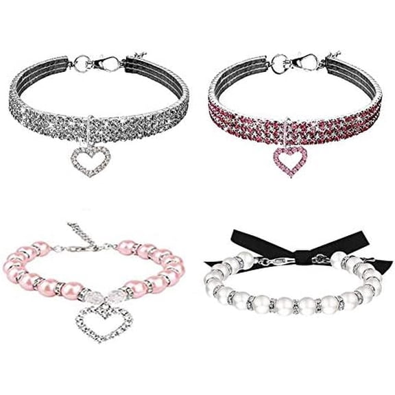 Rhinestones Dog Collar and Pearl Dog Necklace Set, Adjustable Neck Strap Bling Full Diamond Crystal Cute Pearl Dog Collar for Small Girls Cats Puppy Accessary for Wedding Birthday Party (4PCs)