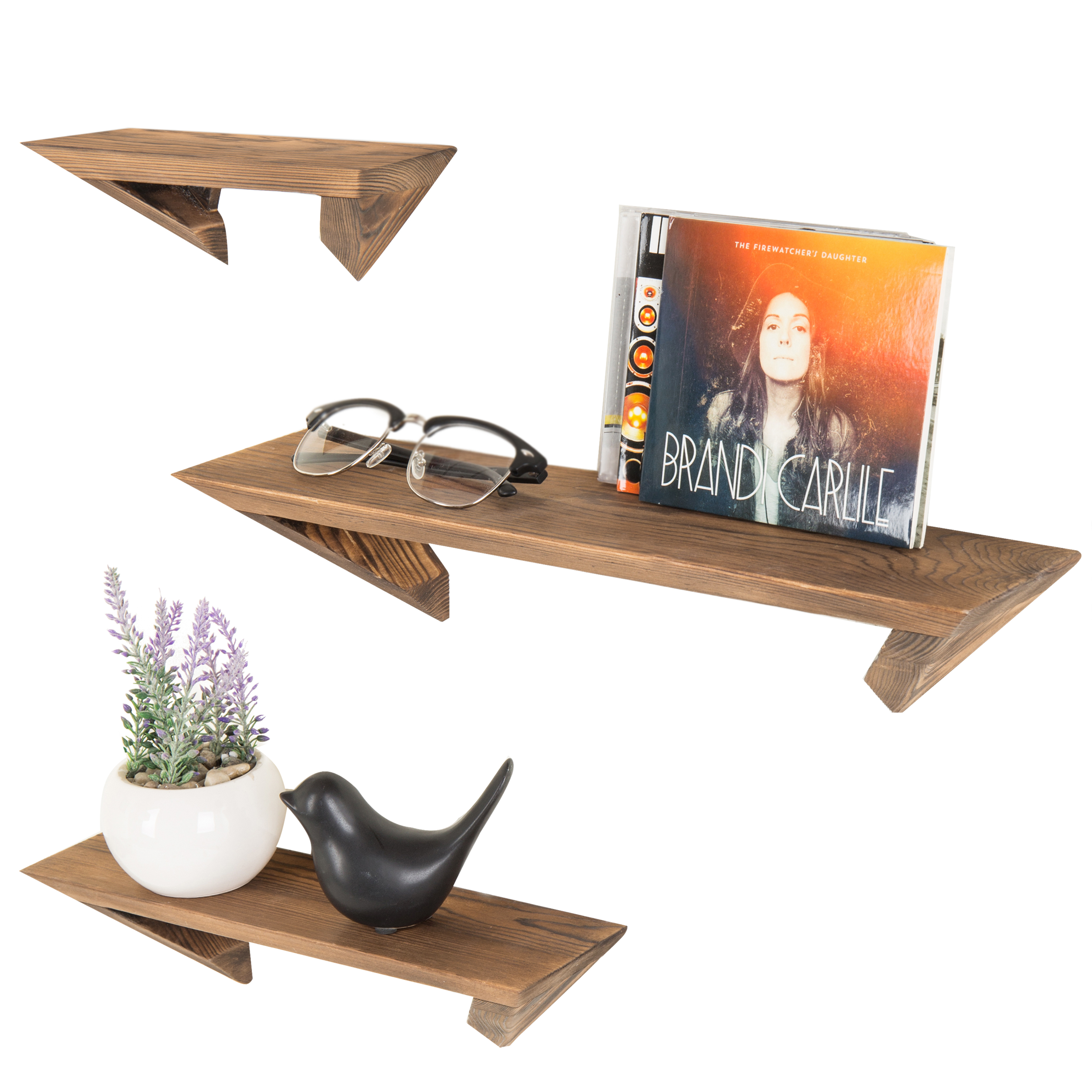 MyGift WallMounted Rustic Burnt Wood Floating Ledge Shelves, Set of 3