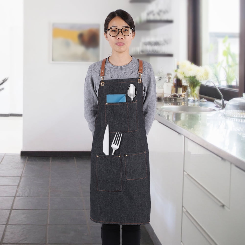 OTVIAP Denim Bib Apron Leather Strap Baker Bartender BBQ Chef Work Cook