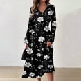 thumbnail image 2 of Women's Autumn Winter Casual Fashion V-Neck Long-sleeved Floral Print Long Dress, Black, Size L, 2 of 5