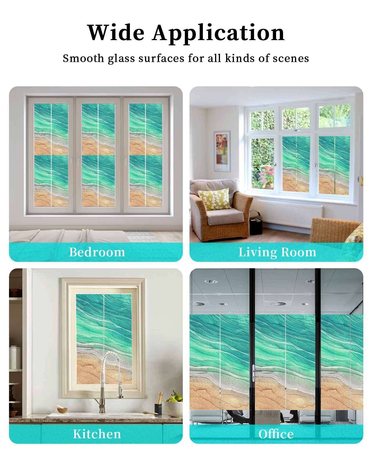 Window Privacy Film, Green Ocean Ombre UV Sun Blocking Window Tint Film Heat Control One Way Blackout Window Film, Spring Summer Coastal Sea Wave Non Adhesive Static Cling Window Sticker 17.7x78.7 In
