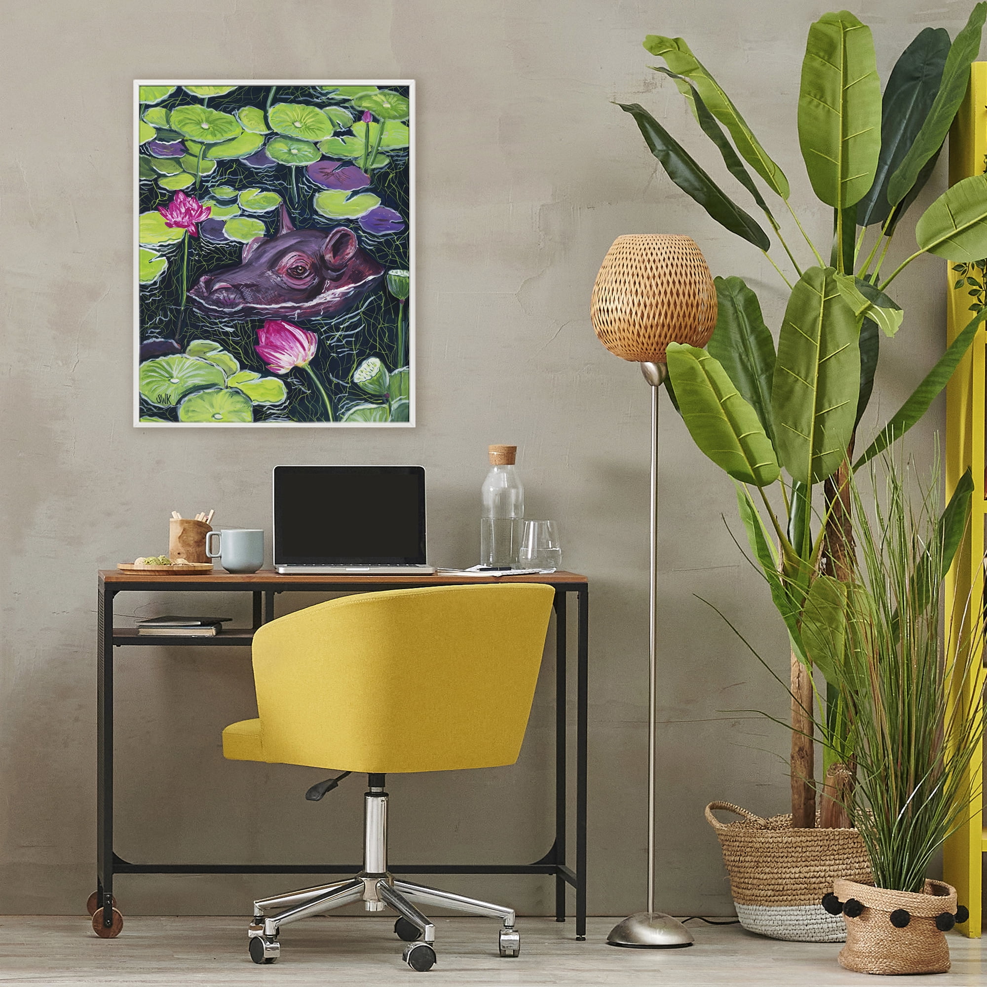 Stupell Industries Hippo & Blossoms Pond White Framed Giclee Art, design by Sarah Waldron Kimball