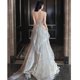 thumbnail image 4 of Vestido de noche plateado elegante, escote de lentejuelas, cintura ceñida, batas de graduación, hombros descubiertos, correa ajustable, vestido de fiesta de Tailgating, 4 of 5