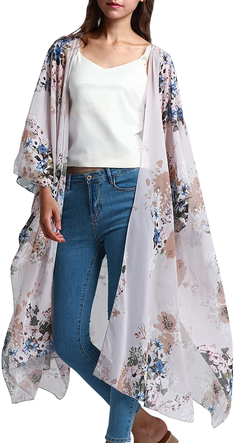 Hibluco Womens Floral Kimono Cardigan Chiffon Cover Ups Tops 