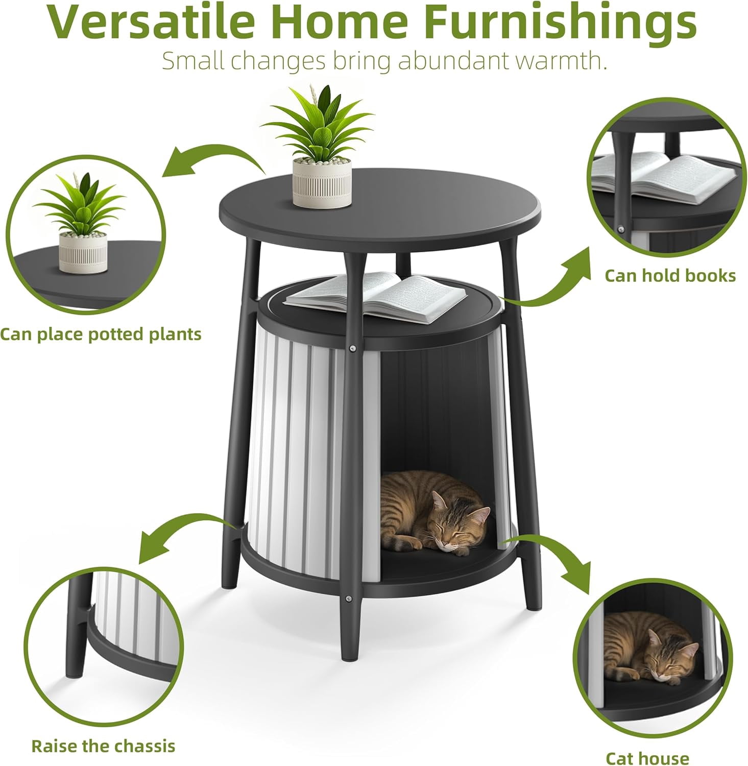 Joxxoaa 2-in-1 Cat House End Table, Weatherproof Resin Pet Bed Nightstand for Small Spaces, Easy Assembly, Black/Gray，Father's Day Gift