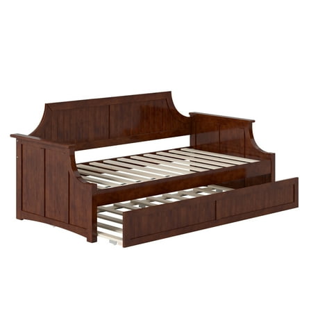 Twin Daybed with Trundle - Wood Frame Daybed for Living Room, Bedroom, Guest Room - Walnut Finish