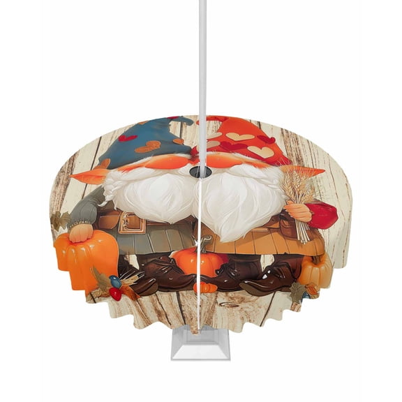 Fsddascl Fall Pumpkins Gnomes Outdoor Tablecloth - 54 Inch Round Dining Table Cover, Thanksgiving Vintage Wooden Waterproof Outdoor Table Cloth with Umbrella Hole & Zipper for Picnic/Patio/Party