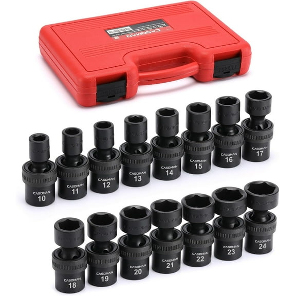 CASOMAN 15 PCS 1/2" Drive Standard Universal Impact Socket Set, 6 Point, Metric,10-24mm