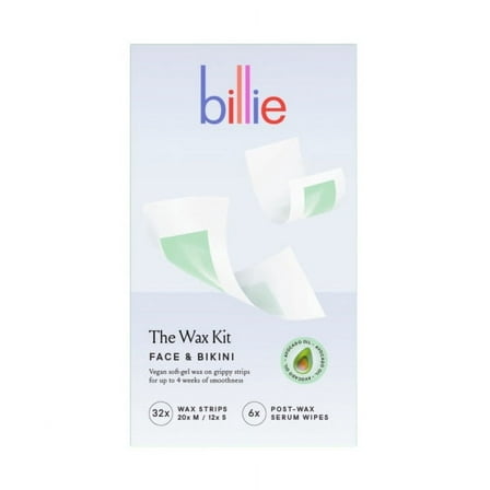 Billie Waxing Kit, Face & Bikini Hair Removal Wax Strips, 32 Wax Strips, 6 Post-Wax Serum Wipes