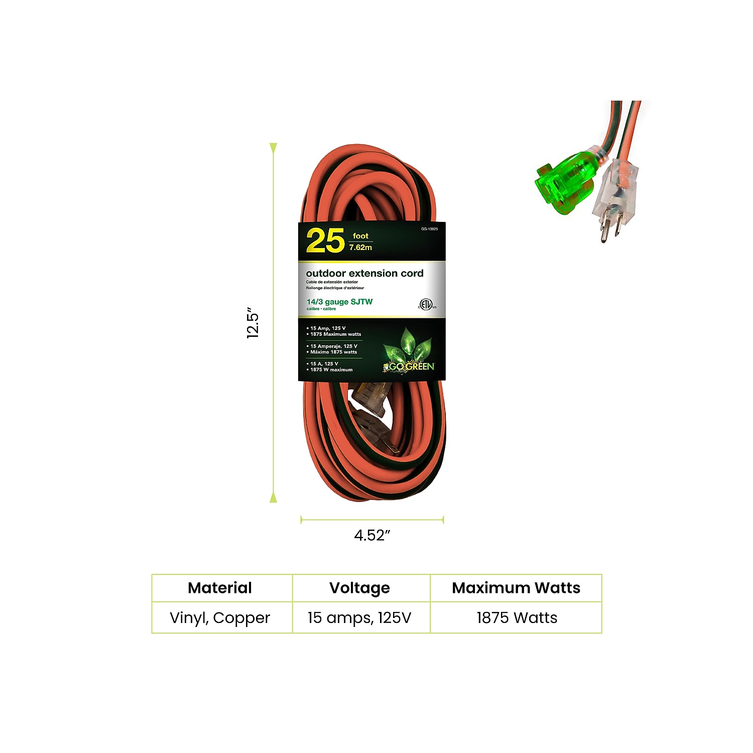 GoGreen Power 25ft Outdoor Lighted Extension Cord 14/3 SJTW photo 2
