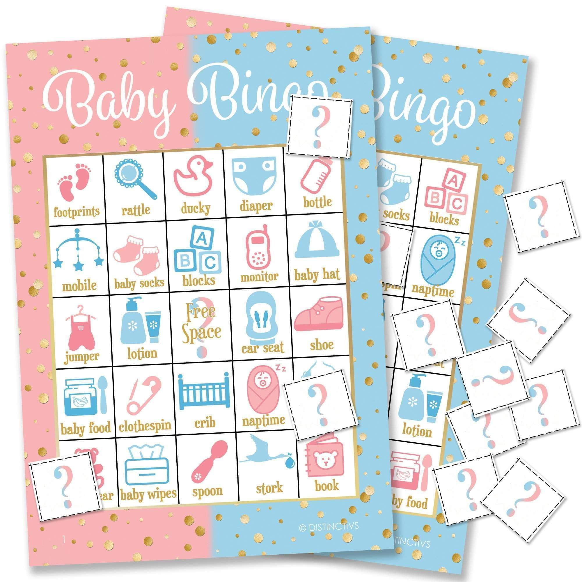 baby gender reveal party bingo game pink blue gold 24 guests