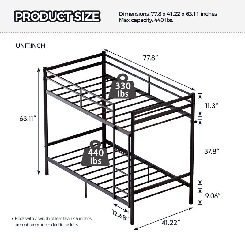 avobird Metal bunk bed (Twin size), suitable for children/teenagers/adults, 11.3-inch high guardrails, 11 crossbars, 770 lbs, storage space under the bed, black.