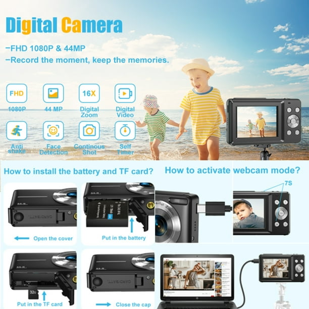 Appareil photo numérique 1080P pour enfant FHD Caméra de vlogging 44MP  Appareil photo compact portable avec écran LCD 16X zoom numérique et 1  batterie pour adolescents, filles, garçons - couleur : rose (