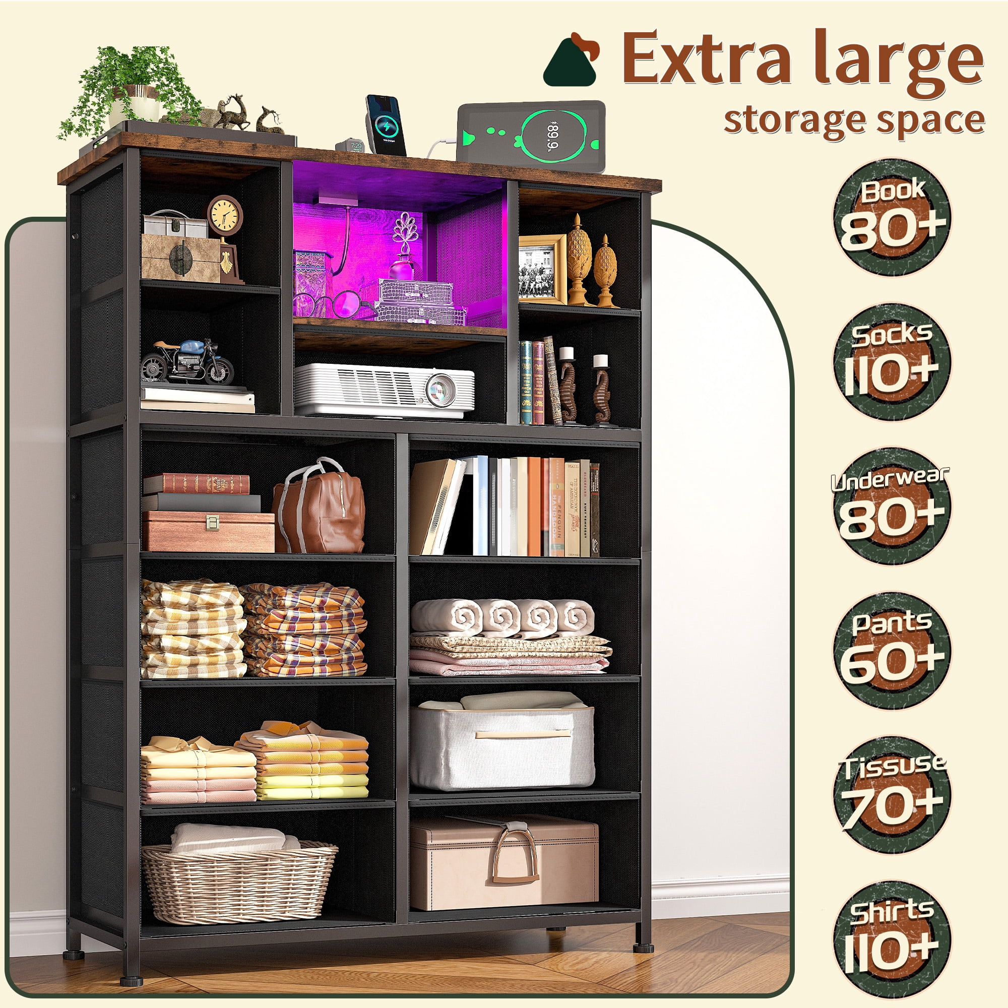 Dresser for Bedroom with 13 Fabric Drawers Tall Dresser with LED Light & Charging Station, Rustic Brown