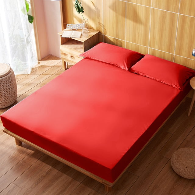 HCBY Solid Color All-Inclusive Fitted Sheet, Non-Slip Deep Pocket Mattress Protector, Skin-Friendly Stretch Knit Bed Sheet for Double Bed, Pet & Kid Friendly (Red,74.8"x54.3"x11.8")
