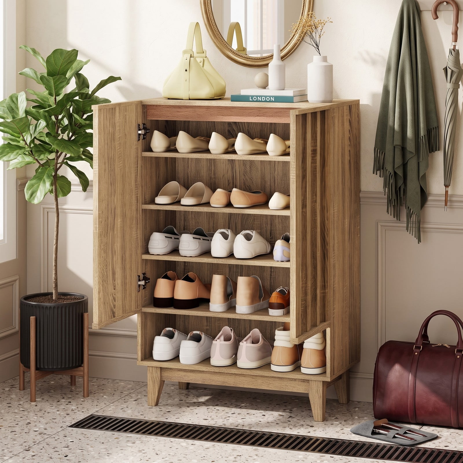 Furnibear 6-Tier Shoe Storage Organizer Cabinet with Louvered Door and 3 Removable Shelves for Entryway and Hallway Use, Rustic Oak