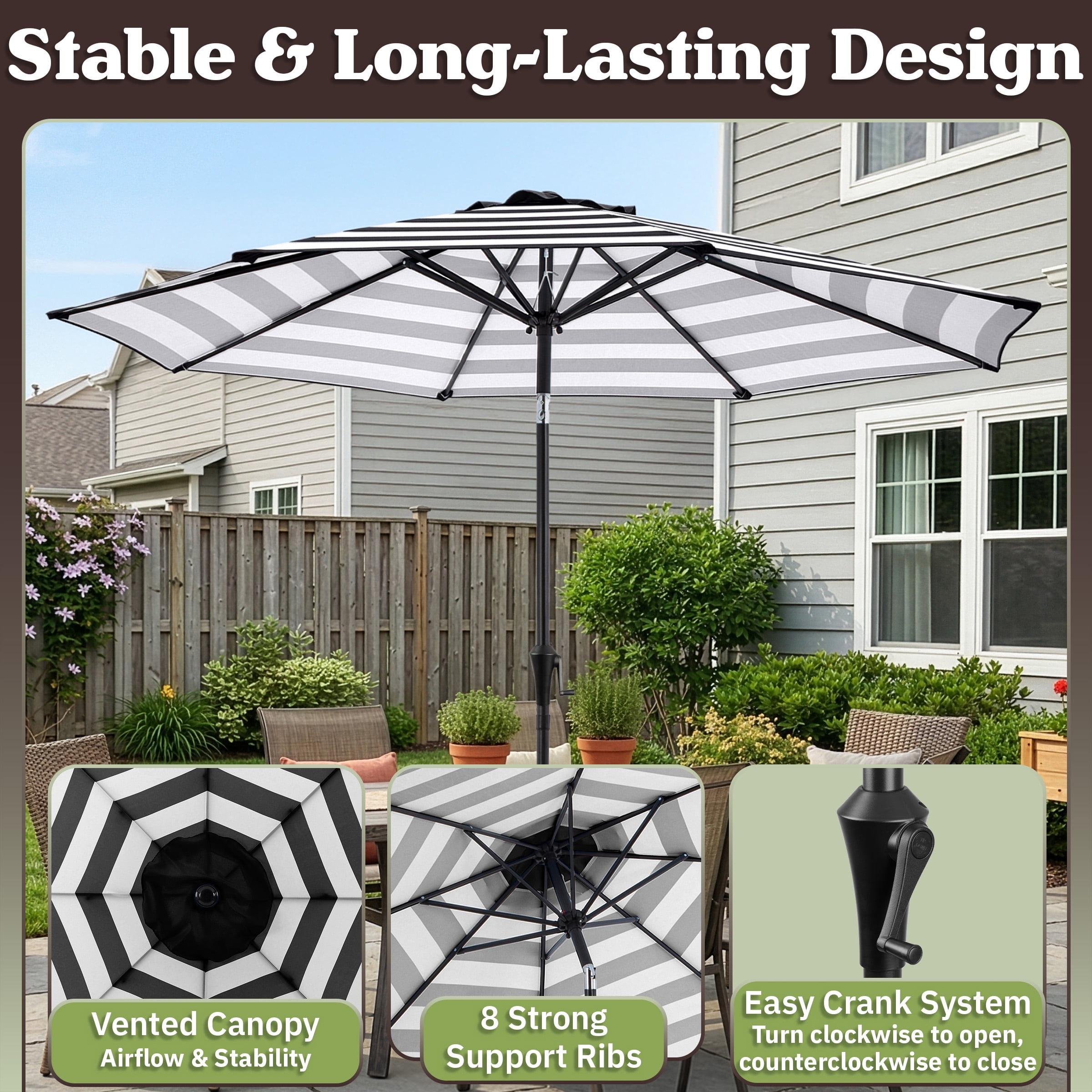 Pure Garden 9 Ft Striped Outdoor Patio Umbrella with Tilt, Black and White