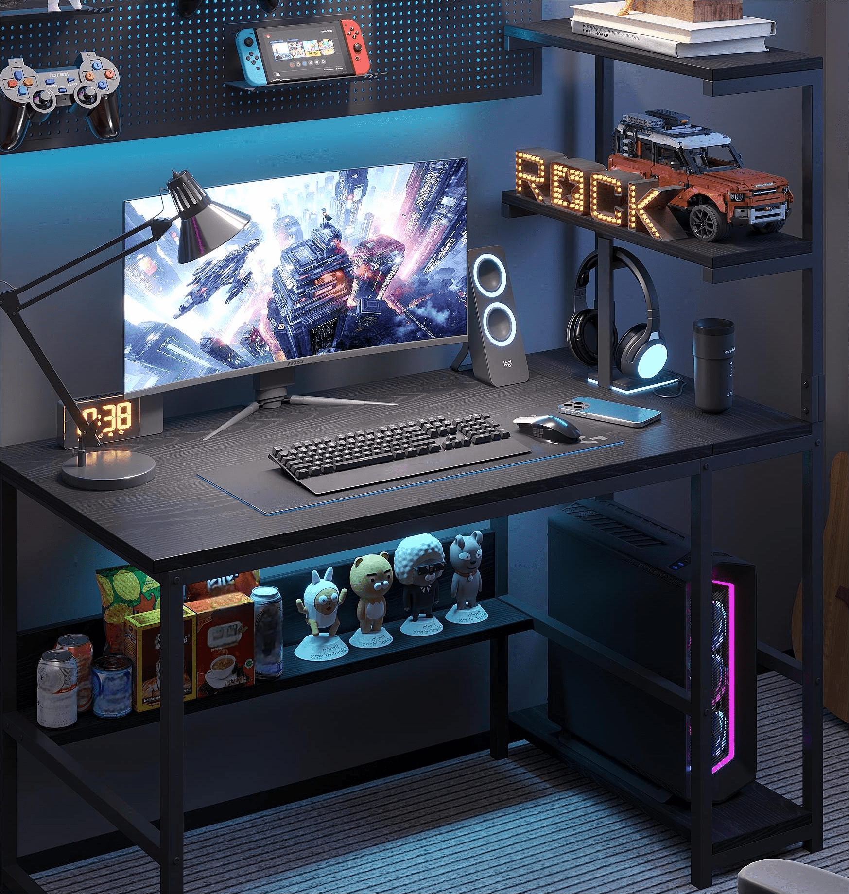 Computer Desk with 4-Tier Storage Shelves, 43.6 inch Modern Large Office Desk Computer Table Studying Writing Desk Workstation with Bookshelf and Tower Shelf for Home Office