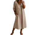 thumbnail image 2 of Summer V Neck Midi Dress for Women 3/4 Sleeve Solid Cotton Linen Dresses Casual Loose Beach Vacation Dresses with Pocket, XL, 2 of 4