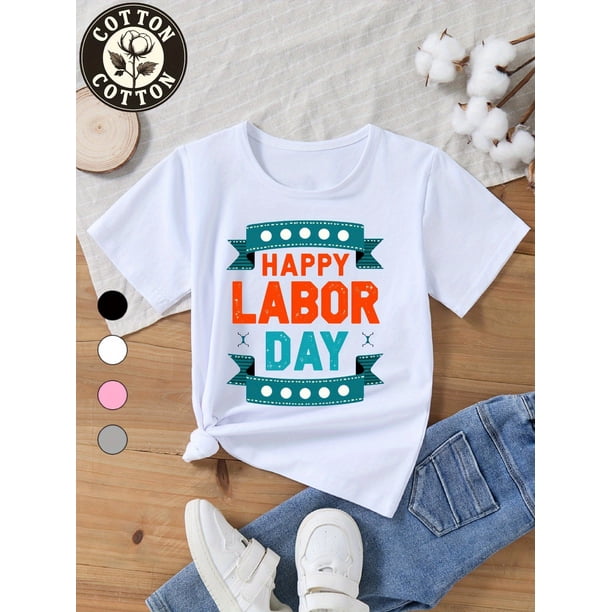 Youngsters' Happy Labor T-Shirt - Cute Cartoon Print, Soft Pure Cotton, Regular Fit, All-Season Round Neck Top for Boys & Girls, Perfect for School Events & Daily Wear