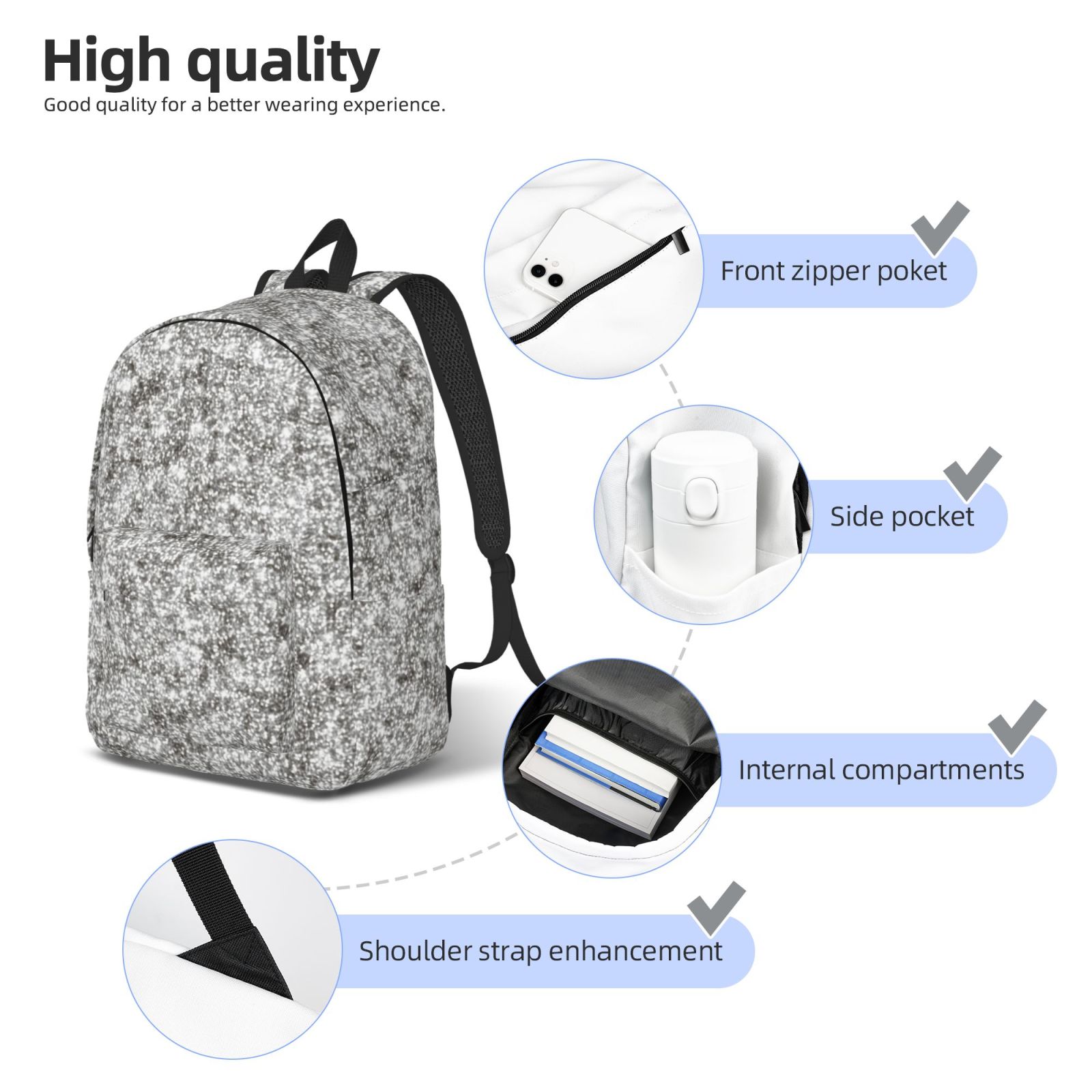 Rateoe Silver Glitter Pattern Canvas College Laptop Backpack,Travel Daypack,Durable Rucksack Travel Notebook Bag School Backpack Book Bag for Men Women-Small