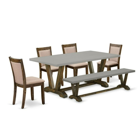 East West Furniture 6 Piece Dinning Set- A Cement Top Kitchen Table in Trestle Base with Wooden Bench and 4 Dark Khaki Linen Fabrics Dining Room Chairs- Distressed Jacobean Finish