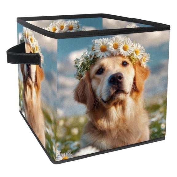 RATGDN Collapsible Fabric Cube Storage Bin with Double Handles for Living Room Bedroom Office Black - a Dog with a Wreath