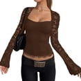 thumbnail image 2 of ClodeEU Women's Square Neck Long Sleeve Top with Lace Cutout Patchwork ,Casual Blouse for Summer Brown,Womens Plus S, 2 of 8