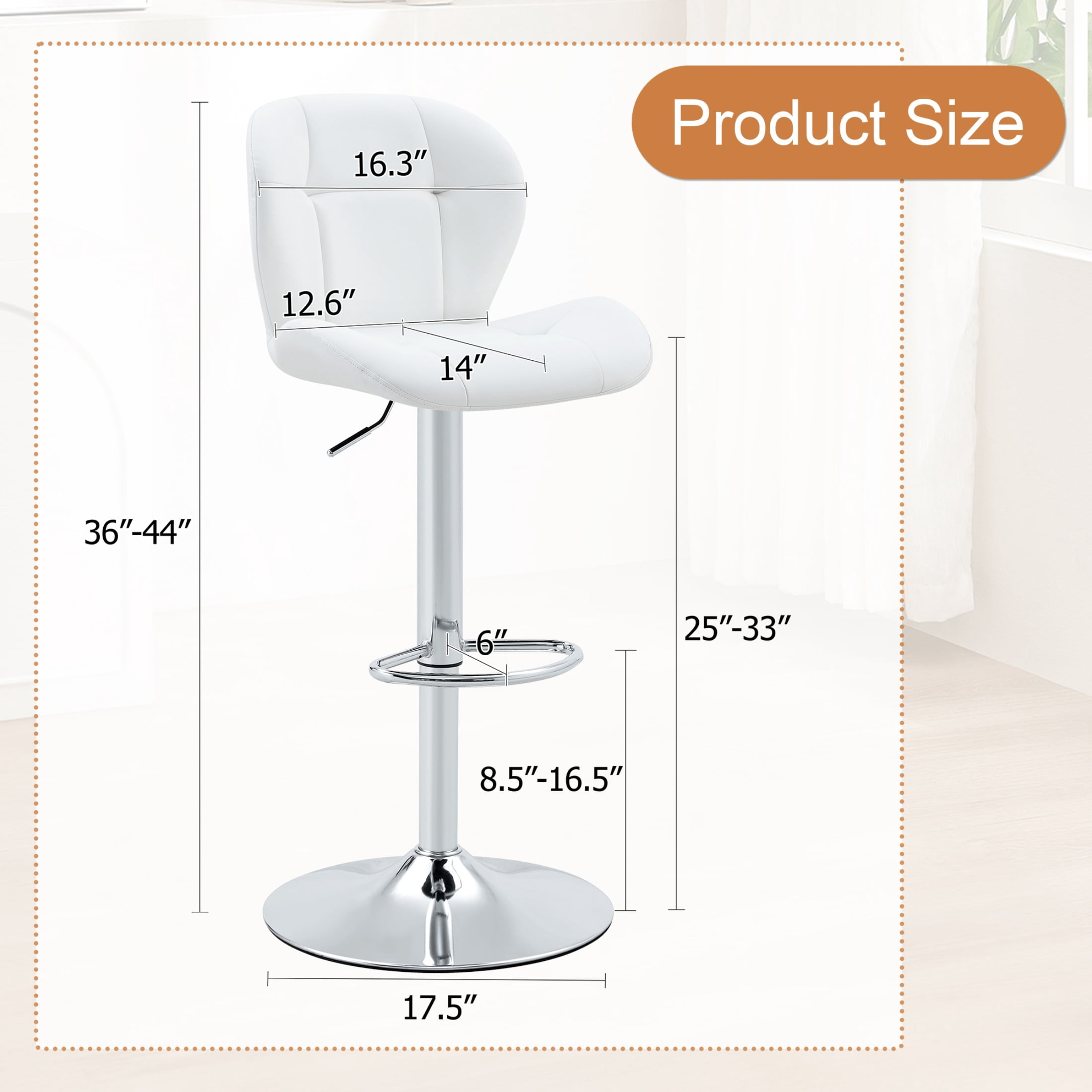 Bar Stools Set of 2, White PU Leather Upholstered Adjustable Swivel Barstools, Adjustable Height Bar Chairs with Silver Metal Base & Footrest for Kitchen Island, Pub, Bar