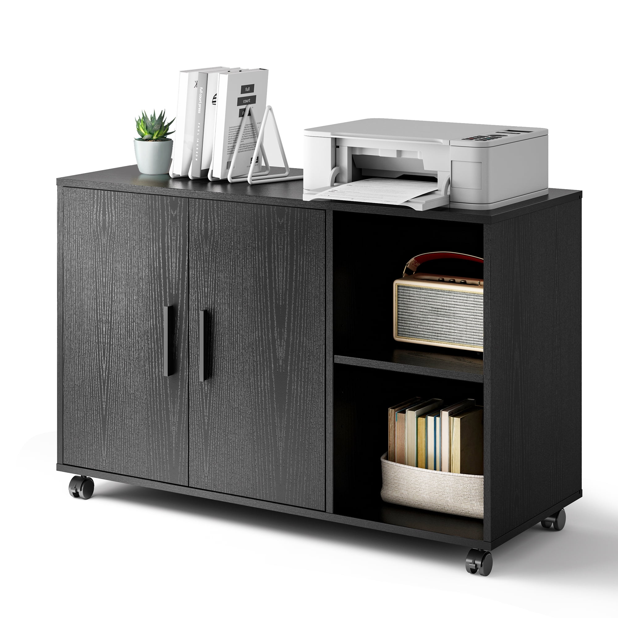GALAXHERO Wood Storage Cabinets with Doors and Shelves, Lateral File Cabinet & Printer Stand with Storage for Home Office, Black
