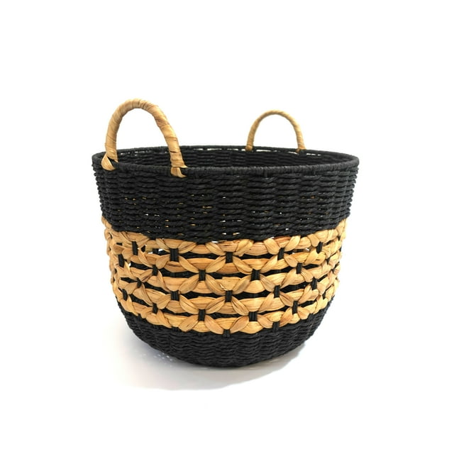 Large Hometrends woven storage basket made of black paper and natural water hyacinth fibers with two handles.
