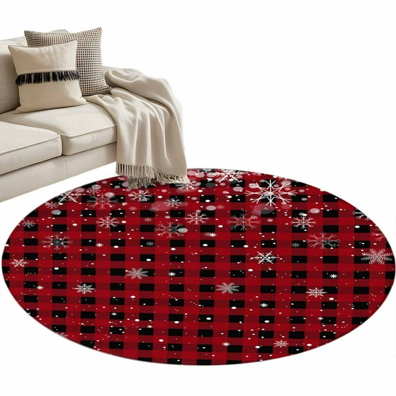 Red Black Plaid Christmas Snowflake Round Area Rug 4 FT, Non Slip Indoor Outdoor Rug, Winter Snowflake Xmas Washable Soft Circular Carpet Floor Mat for Coffee Table Nursery Foyer Balcony