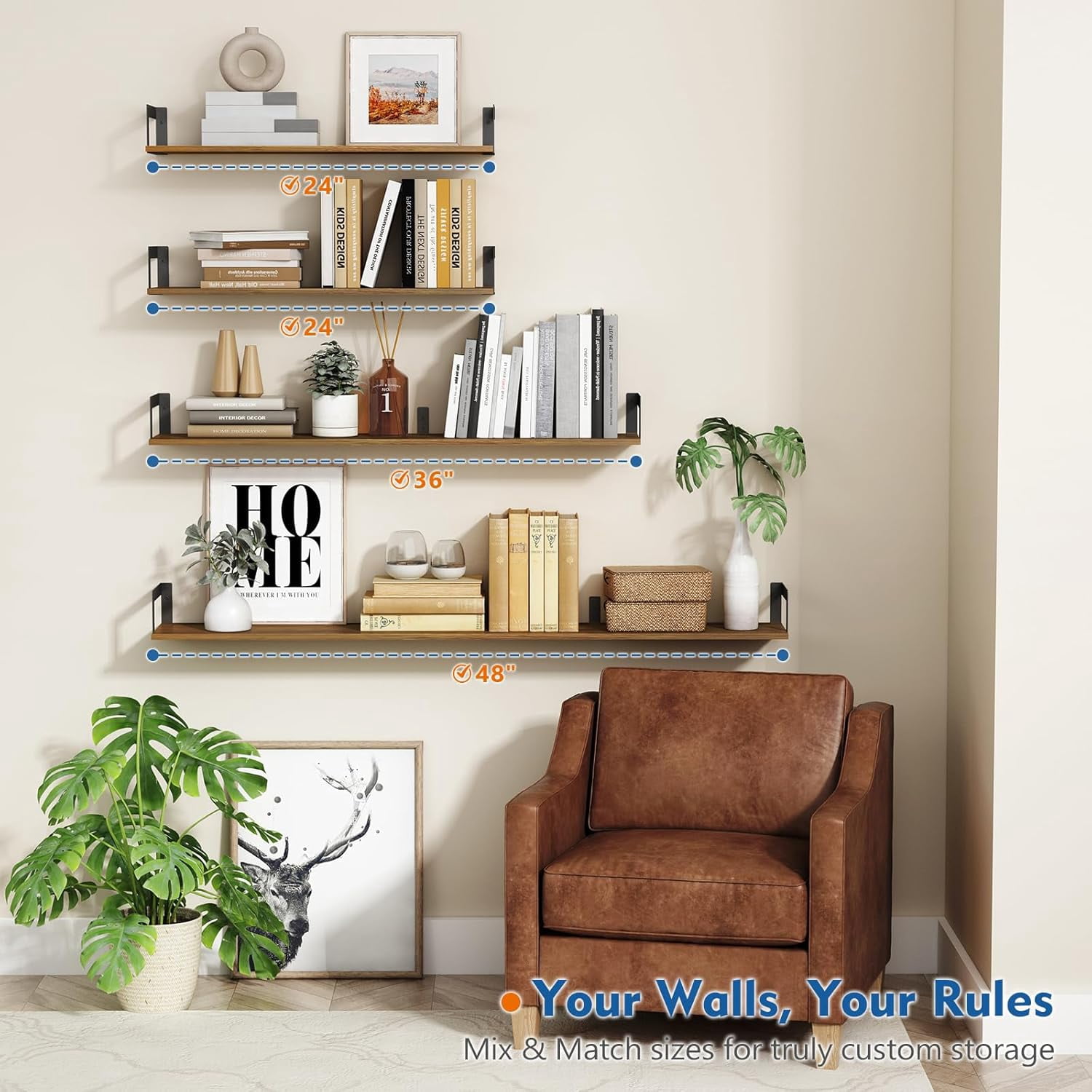 Floating Book Shelves for Wall 3-Pack, 24 Inch Long Wall Mount Bookshelf for Bedroom, Rustic Farmhouse Wood Hanging Bookshelves for Living Room Office Books Plants (Dark Brown)