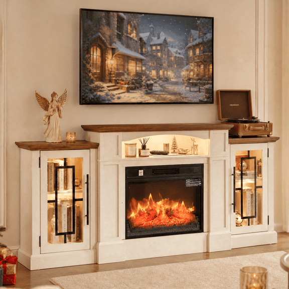 NORTHSKY 72" Electric Fireplace with Mantel, LED Fireplace TV Stand for TVs Up to 80", Entertainment Center w/Storage