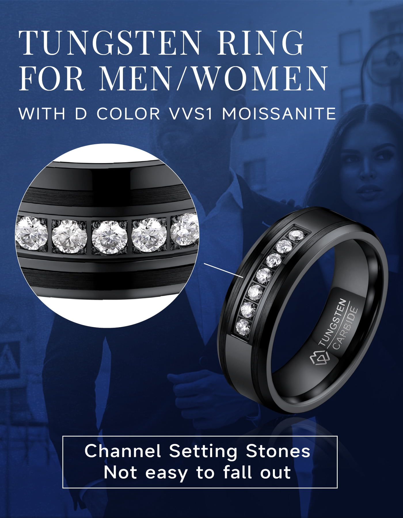 MomentWish Tungsten Rings, Valentine's Day Gift Birthday Gifts, Moissanite Promise Ring Eternity Band-Size7