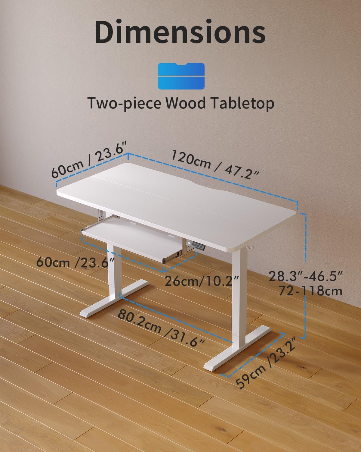 DESINO Standing Desk with Keyboard Tray, 48 x 24 inch Height Adjustable Electric Standing Desk, Sit Stand Up Desk, Computer Office Desk, White