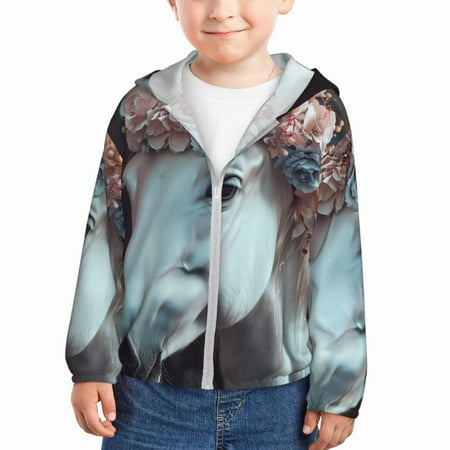 

Gaeub Flower Crown White Horse Print Athletic Sun Protection Hoodie for Kids Long Sleeve Outdoor UV Shirt Running Fishing Top for Boys Girls-18 Months