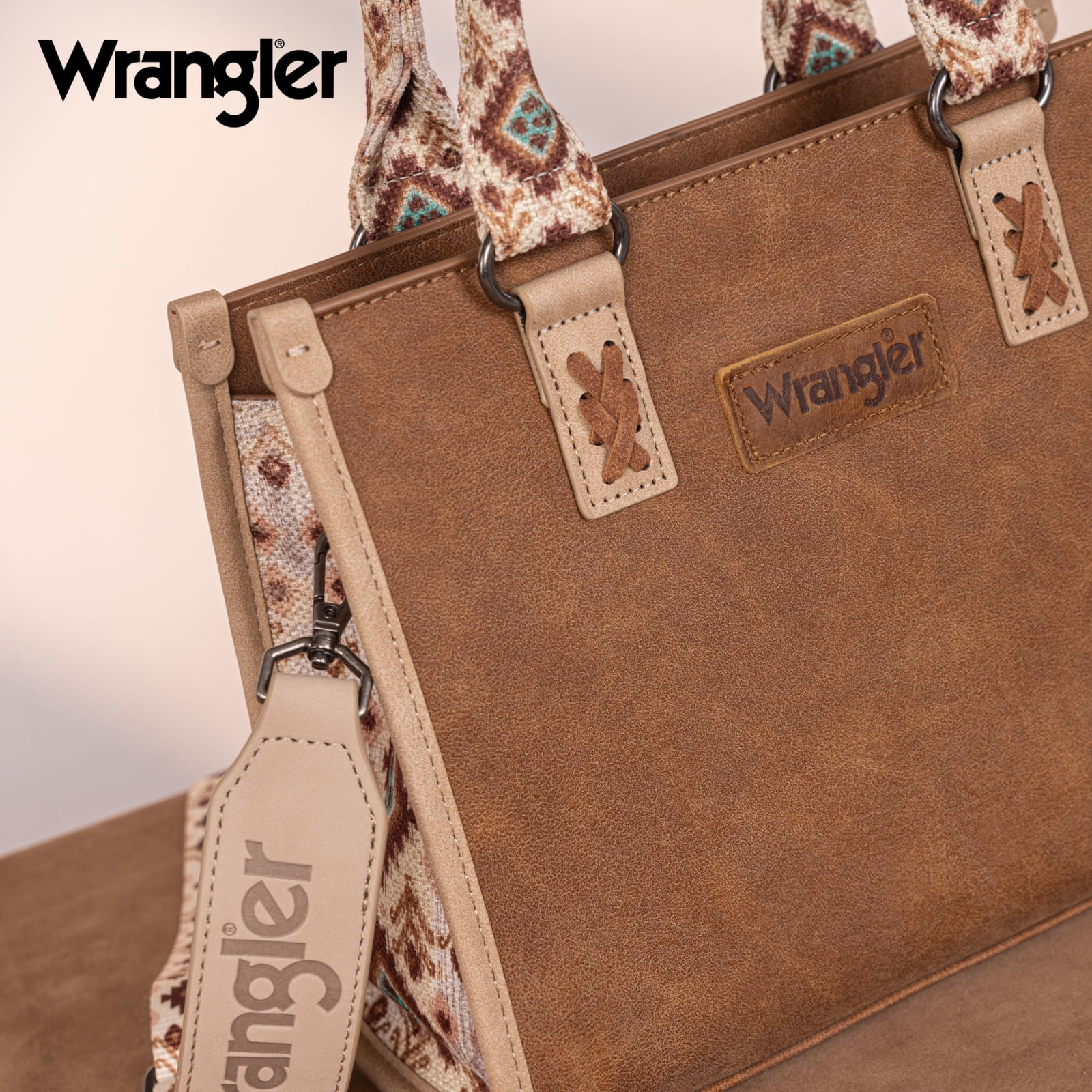 Wrangler Tote Bag for Women Western Retro Purse Top Handle Handbags with Aztec Strap, Brown