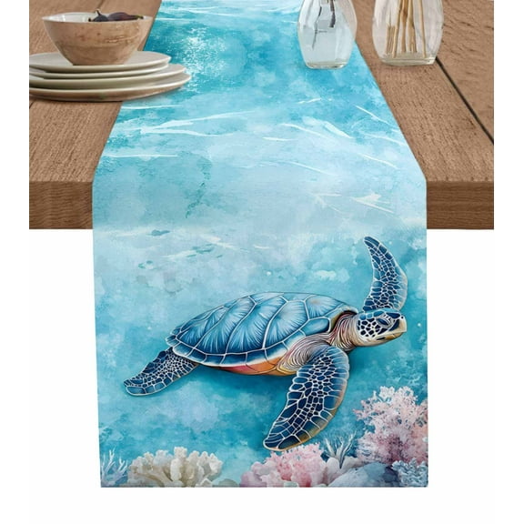 Ocean Turtle Table Runner Cotton Linen 60 Inch Holiday Dresser Scarves, Underwater Animals Coral Starfish Colorful Tablerunner for Kitchen Coffee Dining Bedroom Dinner Scarf Décor 13''x60''