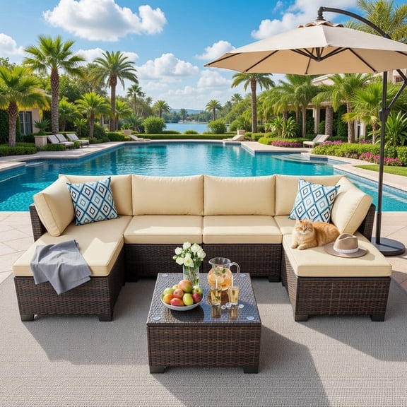 Outdoor Patio Furniture Set, Wicker Modular Sectional Sofa with Tempered Glass Coffee Table, All-Weather Rattan Conversation Set for Backyard/Porch/Balcony/Poolside,Beige