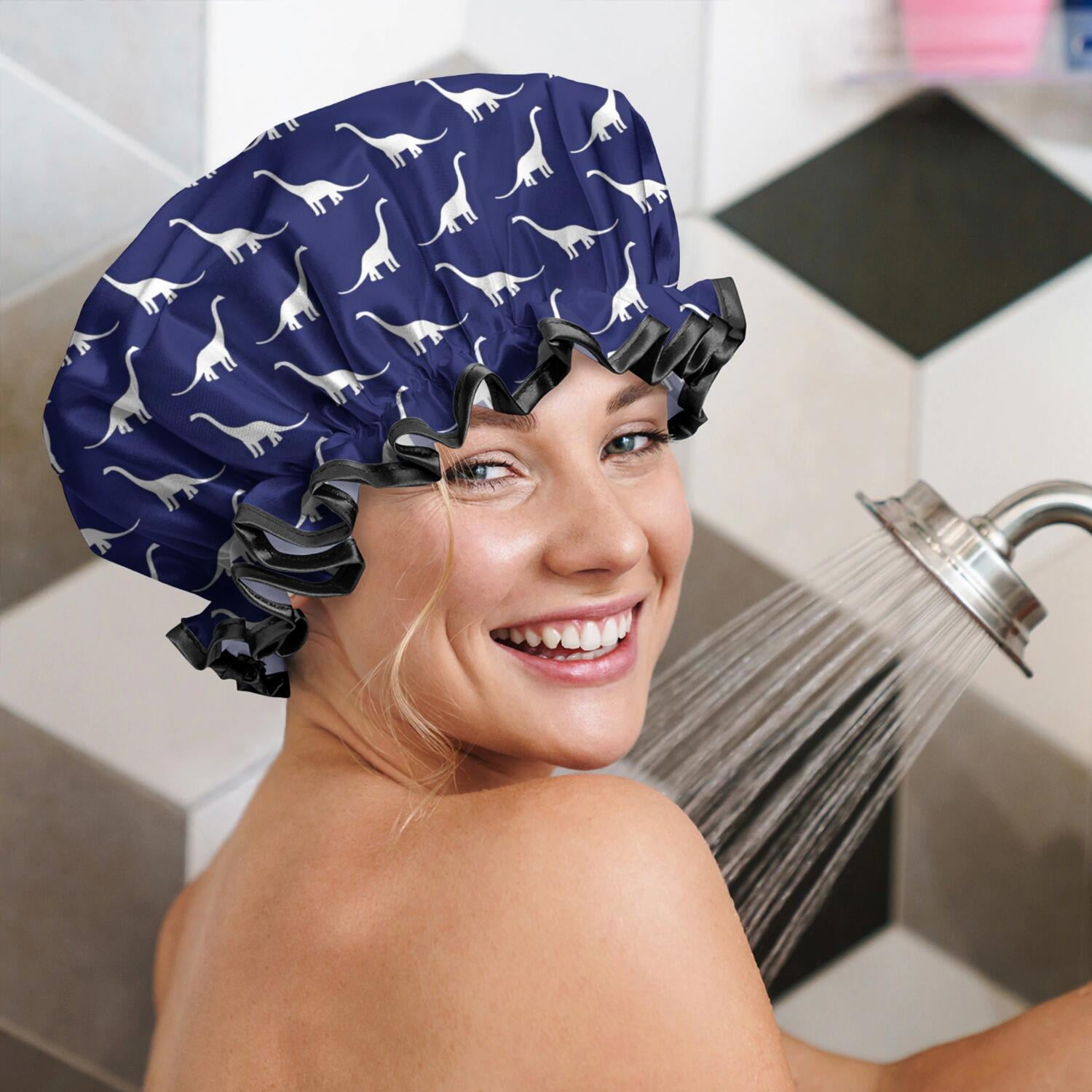 Shower Caps,DarkBlue White Dinosaurs Silhouettes Pattern Waterproof Shower Cap for Women 4 Pieces,Double Reusable Hair Cover for Shower PEVA Elastic Stretch Hem