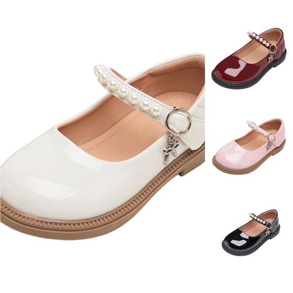 JAJAHO Girls Mary Jane Flats Dress Shoes Pu Leather Pearl Hook And Loop Kids School Uniform Shoes Wedding Party Footwear 2-13Y