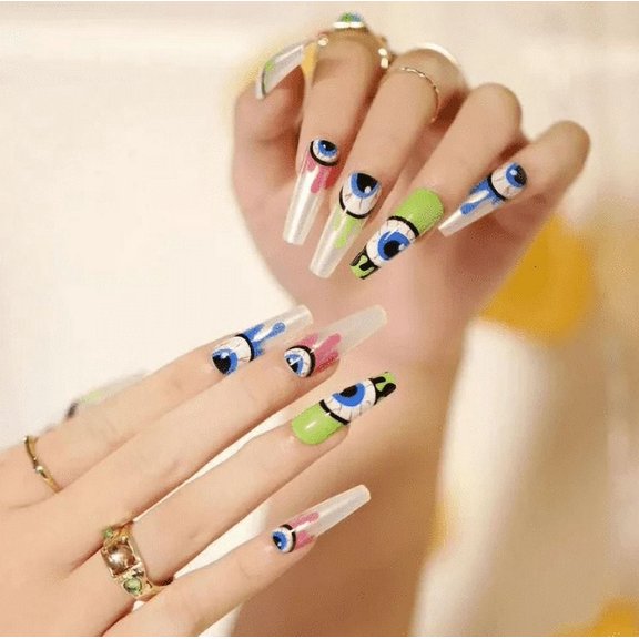 Halloween Decor Fofosbeauty 24 pcs Press on Fake Nails, Extra Long Coffin False Nails, Halloween Eyes