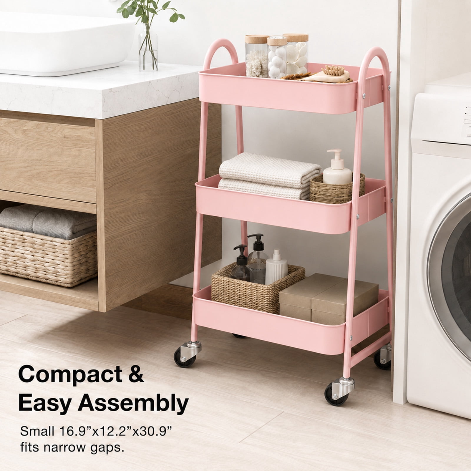 Alvantor 3-Tier Rolling Cart, Metal Rolling Utility Cart with Lockable Wheels, Multi-Functional Heavy Duty Storage Cart Organizer for Bathroom, Kitchen, Living Room, Office